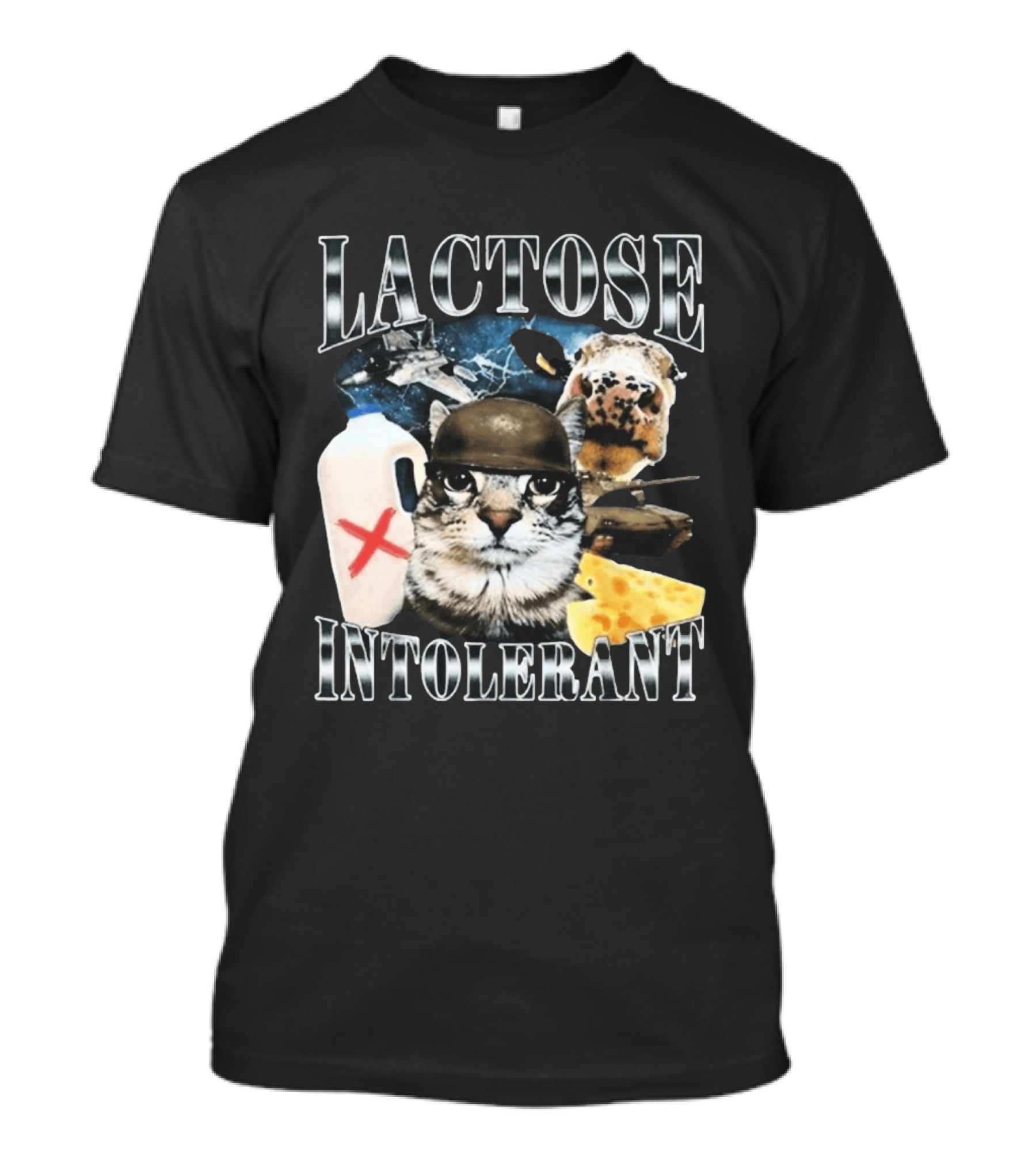 Lactose Tolerant Funny Cat Cheese Milk Jug Helmet Dog Spaceship T-Shirt