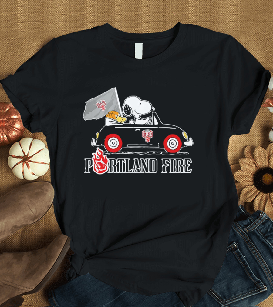 Portland Fire Snoopy And Woodstock Driving Vintage Car With Flag T-Shirt