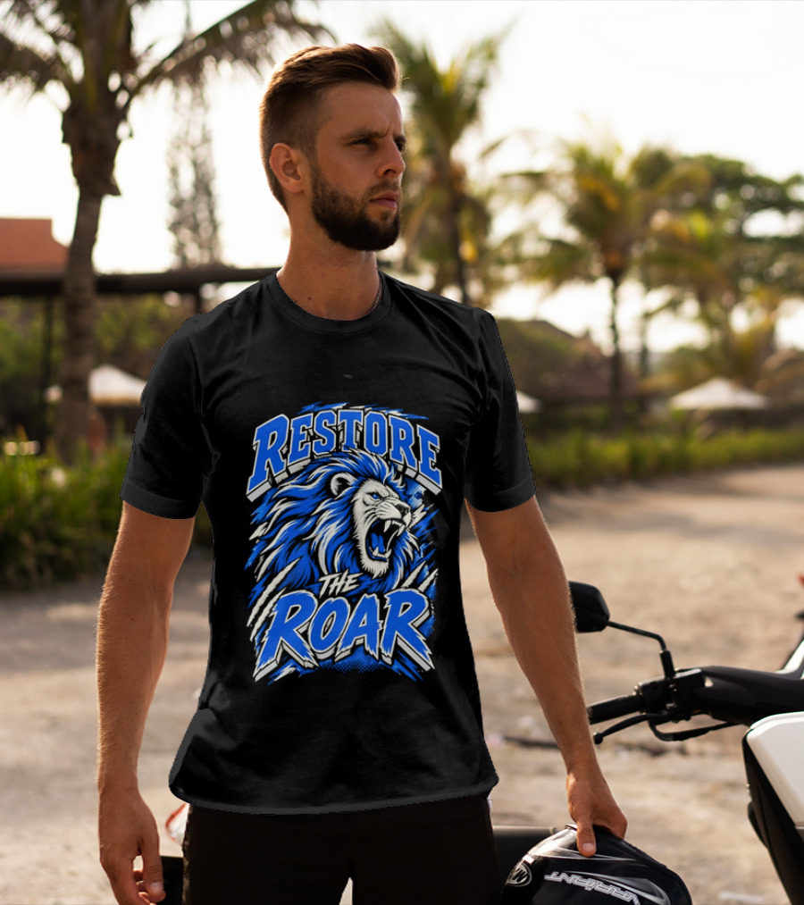Restore The Roar Blue Lion Head With Halftone Scratch Marks T-Shirt