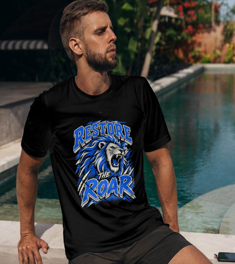 Restore The Roar Blue Lion Head With Halftone Scratch Marks T-Shirt