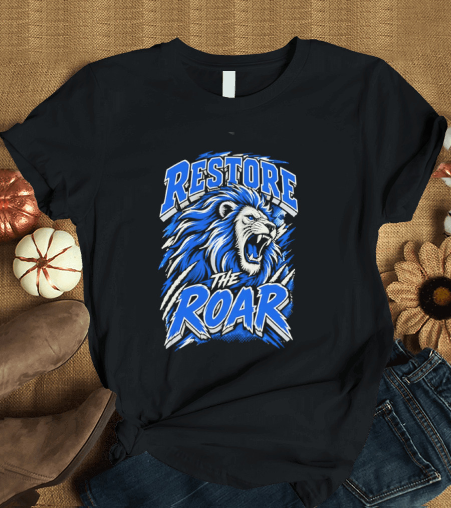 Restore The Roar Blue Lion Head With Halftone Scratch Marks T-Shirt