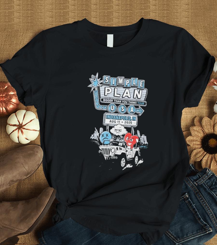 Simple Plan Indianapolis IN 2026 Bigger Than You Think Tour August 11 White River State Park USA Classic Car And Happy Heart T-Shirt
