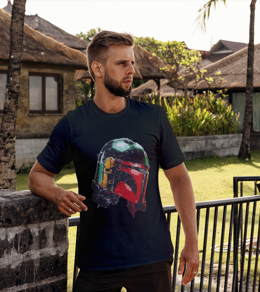 Star Wars Boba Fett Helmet Distressed Paint Splatter Drip T-Shirt