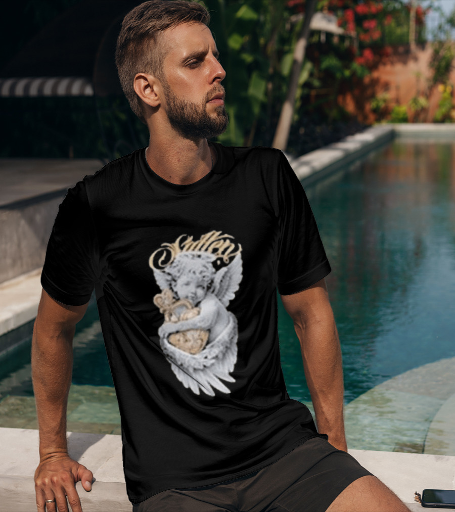 Sullen Heavenly Angel Embracing Heart T-Shirt