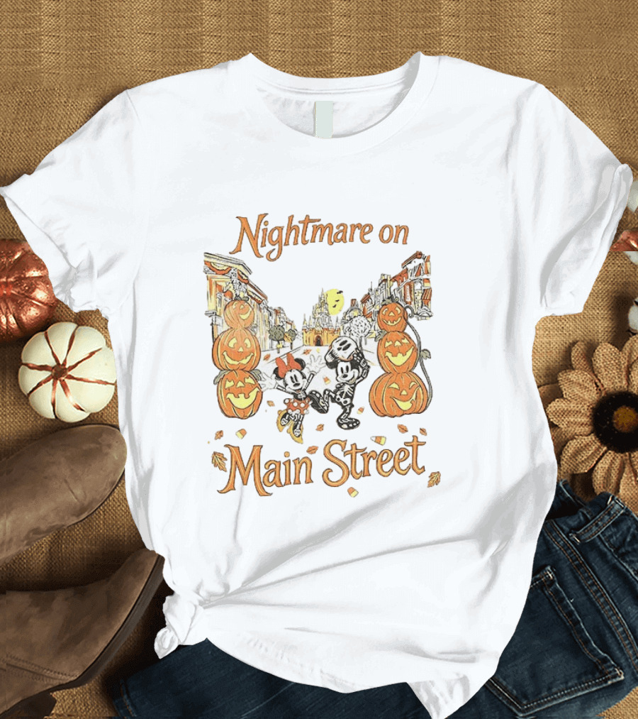 Disney Mickey And Minnie Mouse Halloween Nightmare On Main Street Pumpkins Autumn Fall T-Shirt