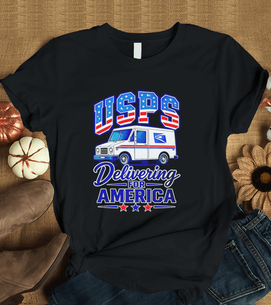 USPS Delivering For America Mail Truck Patriotic Stars And Stripes T-Shirt