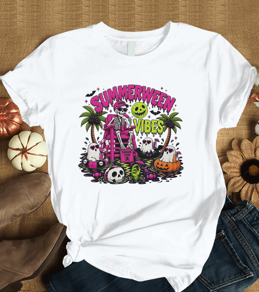 Summerween Vibes Halloween Skeleton Beach Party 2026 T-Shirt