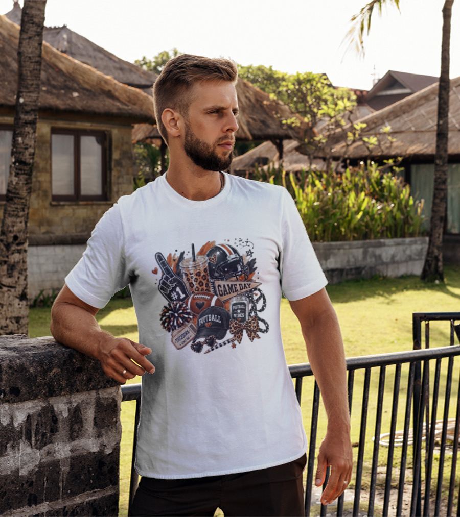 Leopard Game Day Football Touchdown Vibes #1 Fan Helmet Pom Pom Bow T-Shirt
