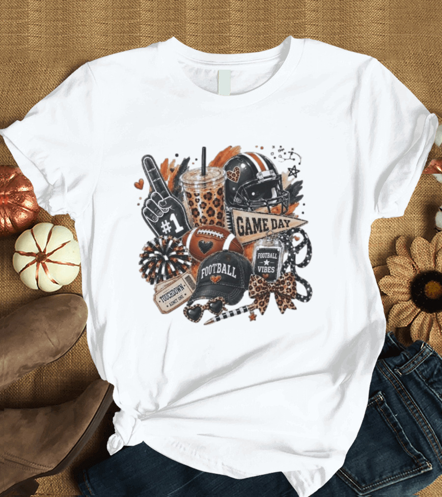 Leopard Game Day Football Touchdown Vibes #1 Fan Helmet Pom Pom Bow T-Shirt