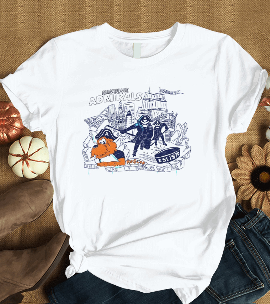 Milwaukee Admirals Roscoe Est 1970 Hockey Mascot And Cityscape T-Shirt