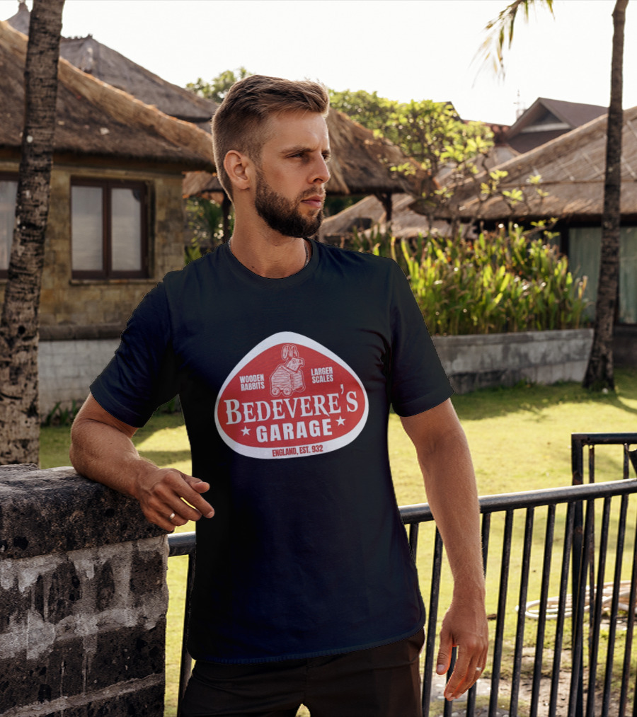 Bedevere's Garage England 932 AD Wooden Rabbits Larger Scales Monty Python T-Shirt