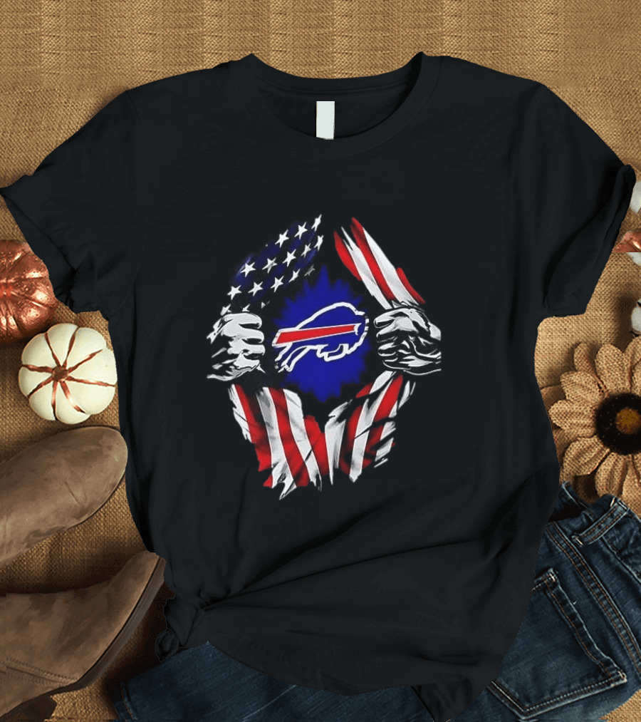 Buffalo Bills Superman Skull Cap Backwards American Flag Rip T-Shirt