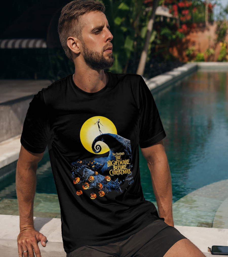 Tim Burton's The Nightmare Before Christmas Jack Skellington Moon Scene With Pumpkins T-Shirt
