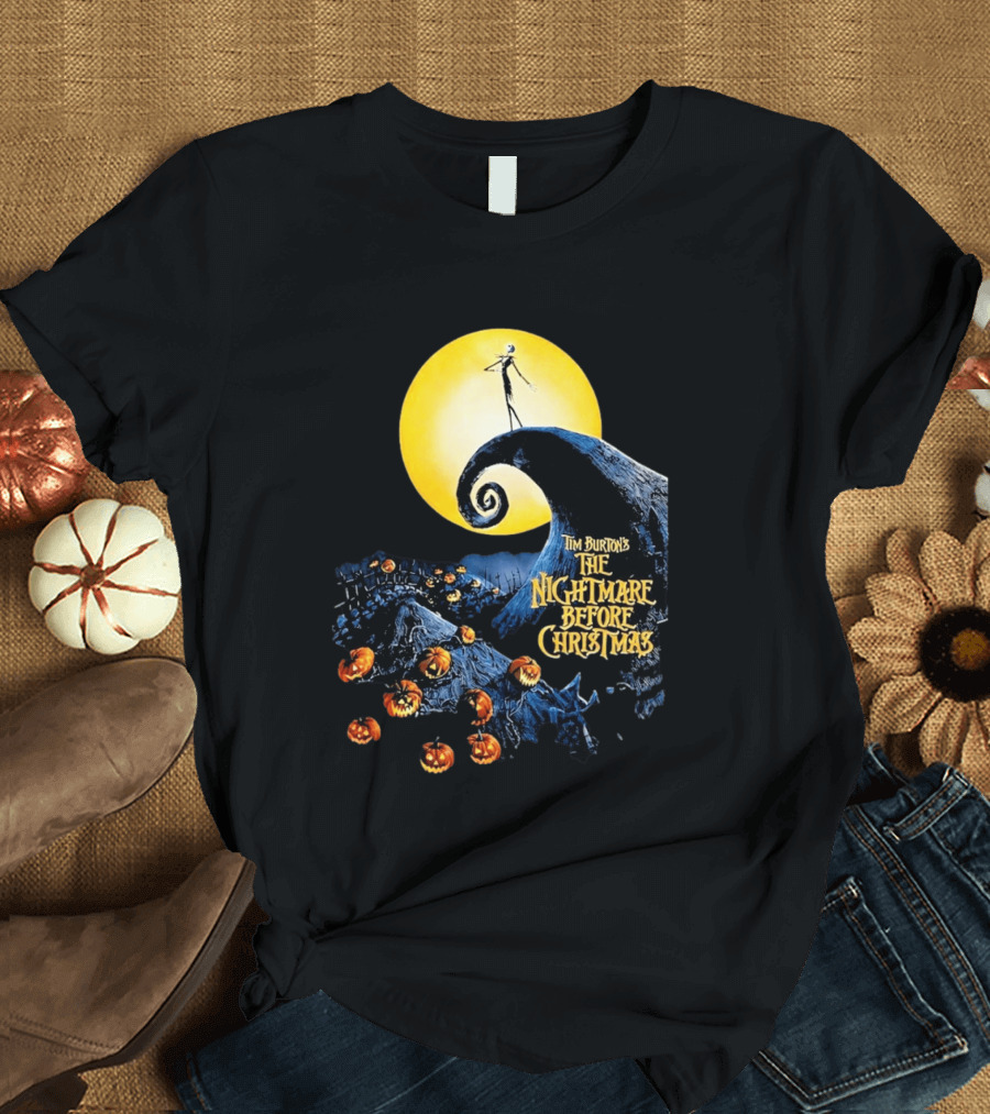 Tim Burton's The Nightmare Before Christmas Jack Skellington Moon Scene With Pumpkins T-Shirt