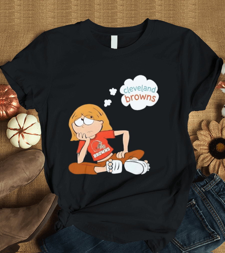 Cleveland Browns Cartoon Girl Sitting With Thought Bubble T-Shirt