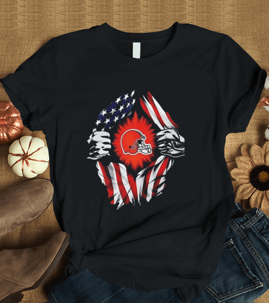 Cleveland Browns Super Man Skull Cap Backwards American Flag Ripped T-Shirt