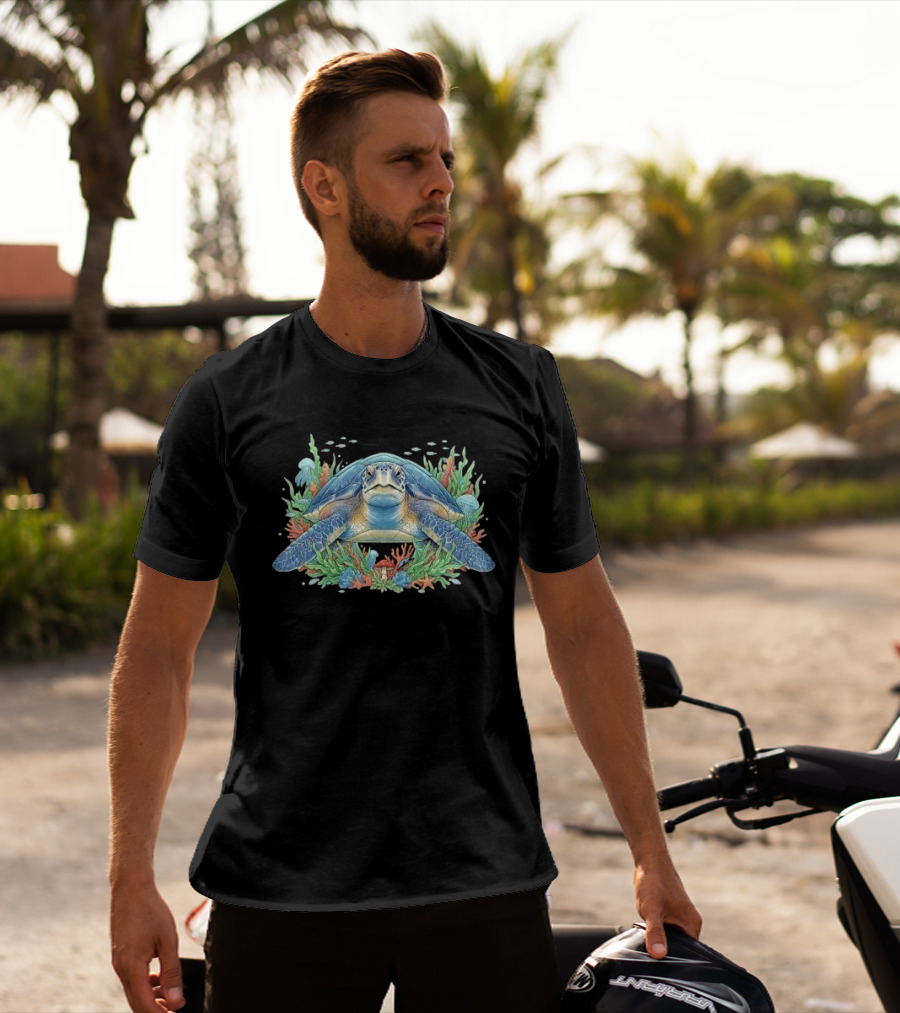 Sea Turtle With Coral Reef Red Mushroom And Starfish Underwater Scene T-Shirt