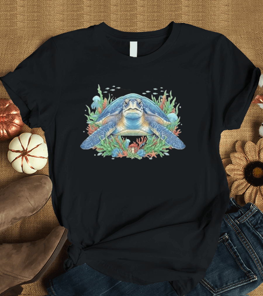 Sea Turtle With Coral Reef Red Mushroom And Starfish Underwater Scene T-Shirt
