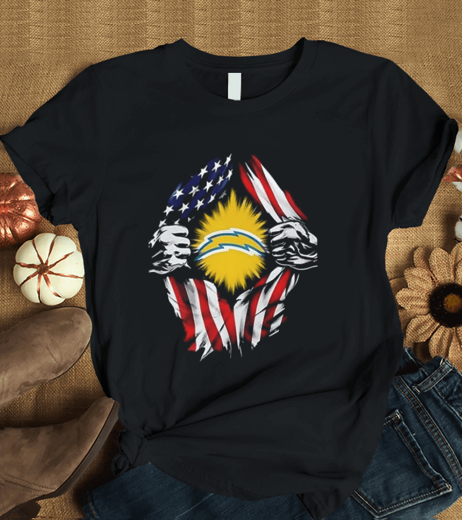 Los Angeles Chargers Superman Skull Cap Backwards USA Flag Power T-Shirt
