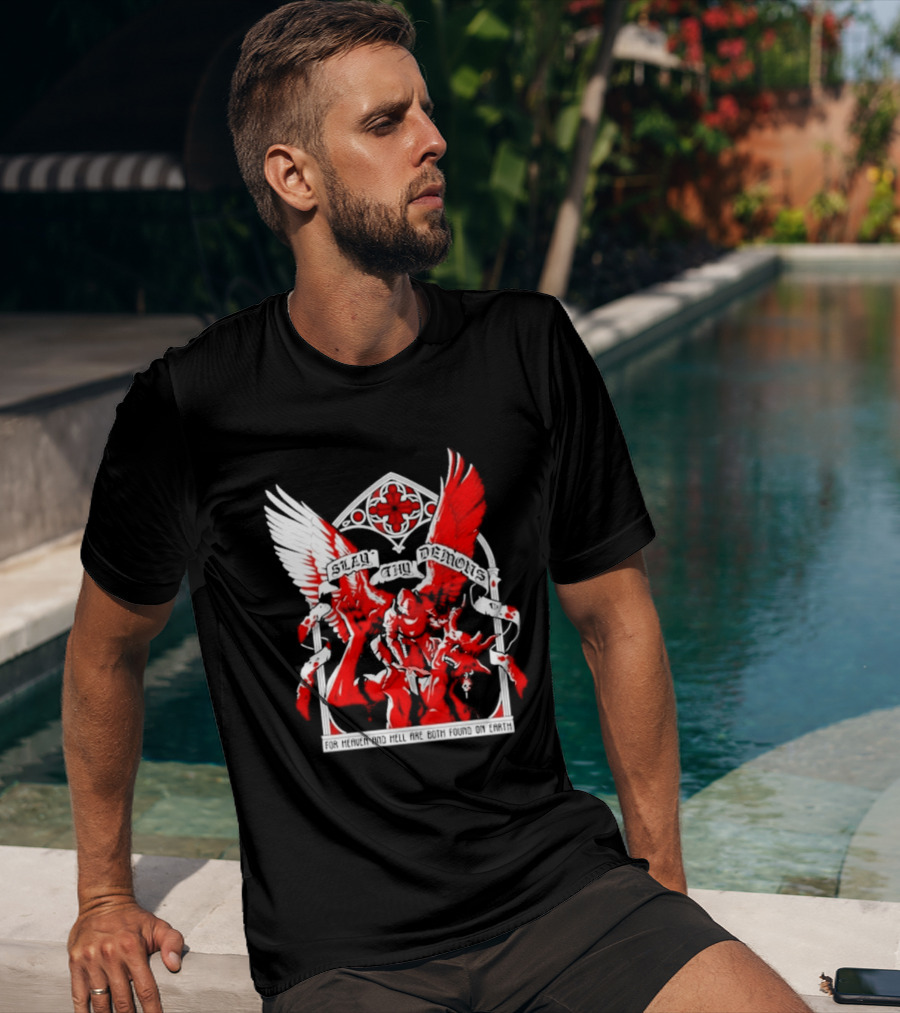 Slay Thy Demons For Heaven And Hell Are Both Found On Earth Angelic Warrior With Wings T-Shirt