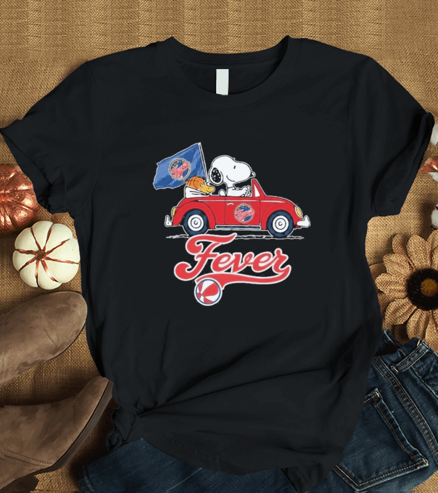 Snoopy Driving Red Car With Indiana Fever WNBA Basketball Logos T-Shirt