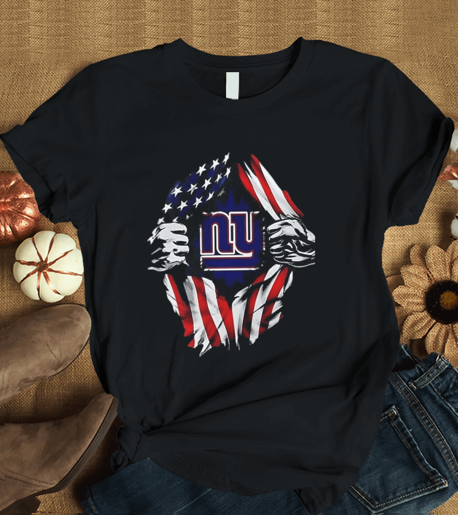 New York Giants American Flag Rip Super Man X Skull Cap Backwards T-Shirt