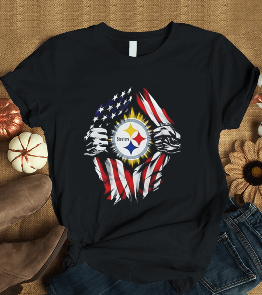 Pittsburgh Steelers Superman Skull Cap USA Flag T-Shirt