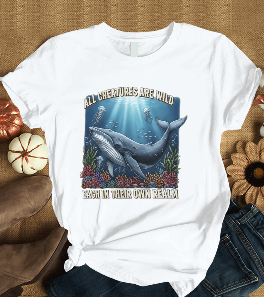 All Creatures Are Wild Humpback Whale Ocean Coral Reef Jellyfish Realm T-Shirt