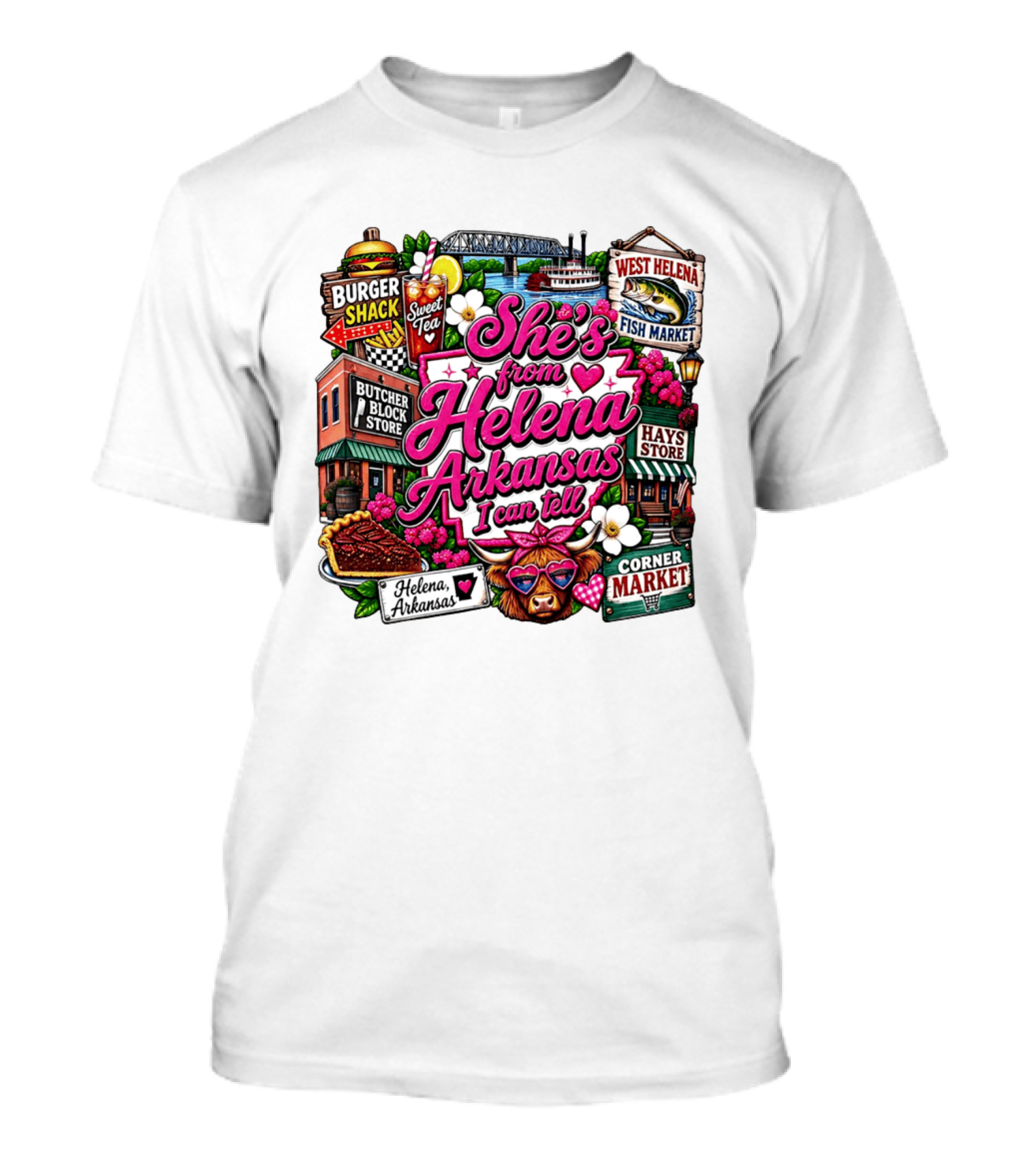 She's From Helena Arkansas I Can Tell Burger Shack Butcher Block Store Sweet Tea Fish Market Corner Market T-Shirt