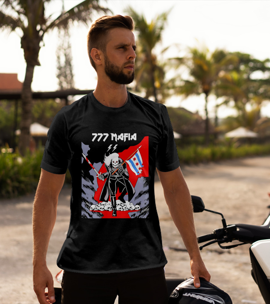 777 Mafia Chicago Flag Skeleton Skull T-Shirt