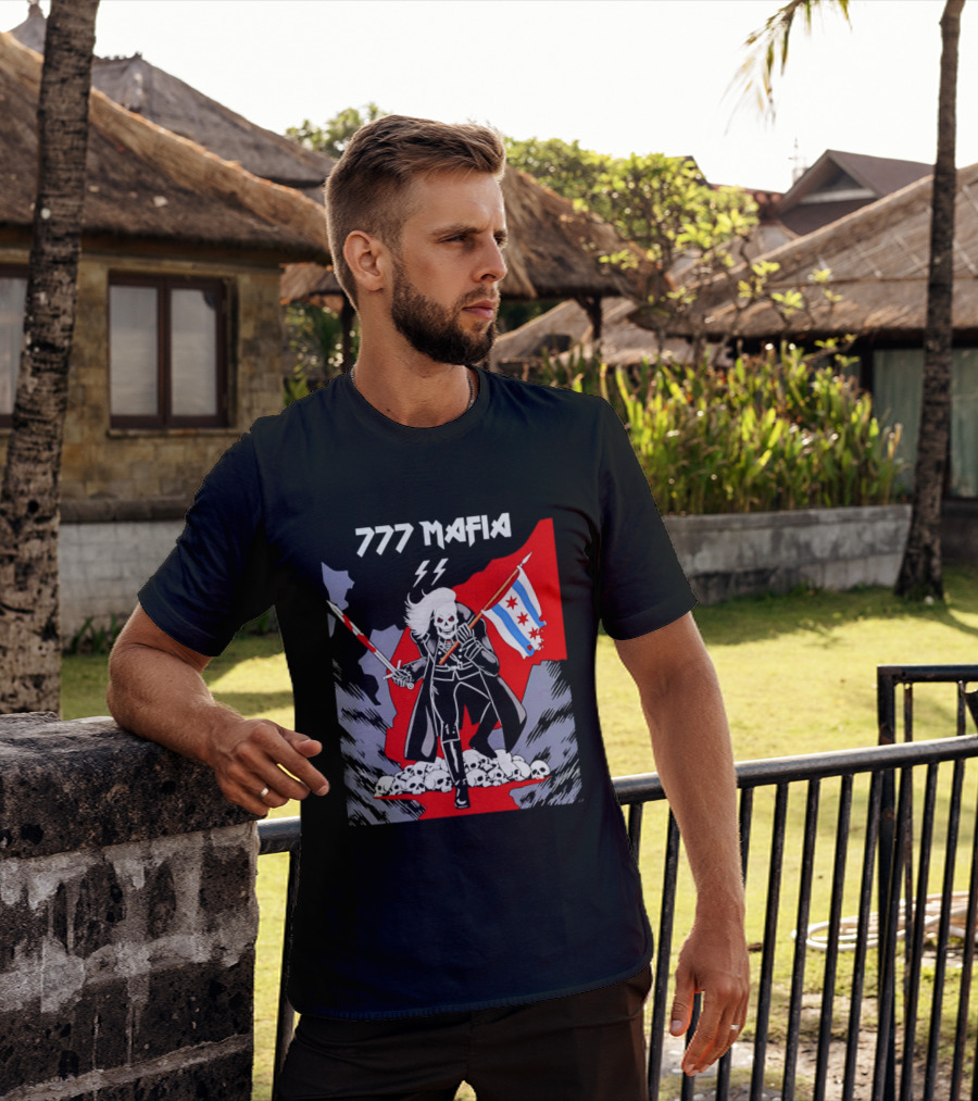 777 Mafia Chicago Flag Skeleton Skull T-Shirt
