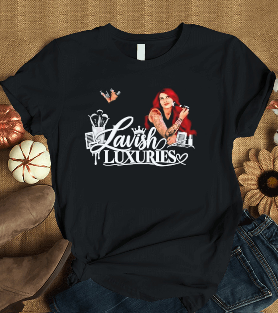 Lavish Luxuries Tattooed Red Hair Woman Makeup Brushes Lash Trays T-Shirt