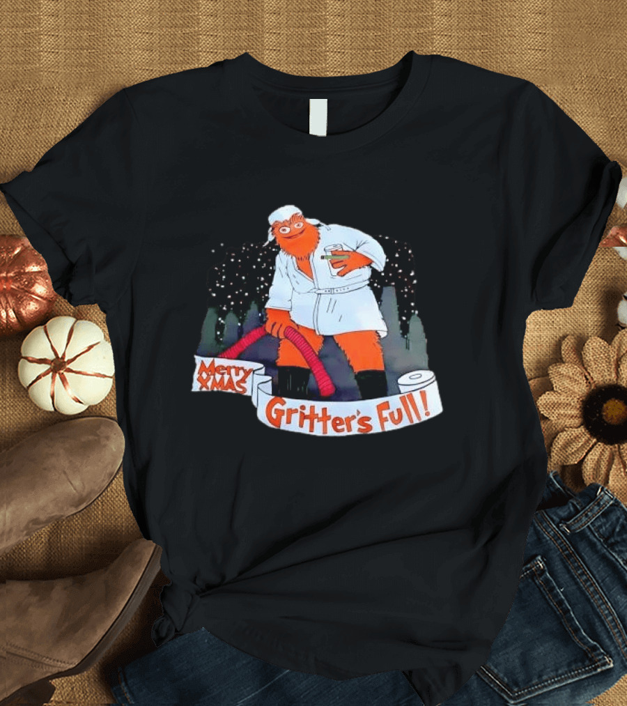 Merry Xmas Gritters Full Cartoon Orange Bathrobe Holding Hose T-Shirt