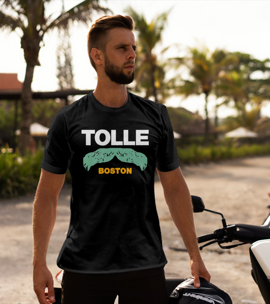 Tolle Boston White And Yellow Distressed Green Mustache T-Shirt