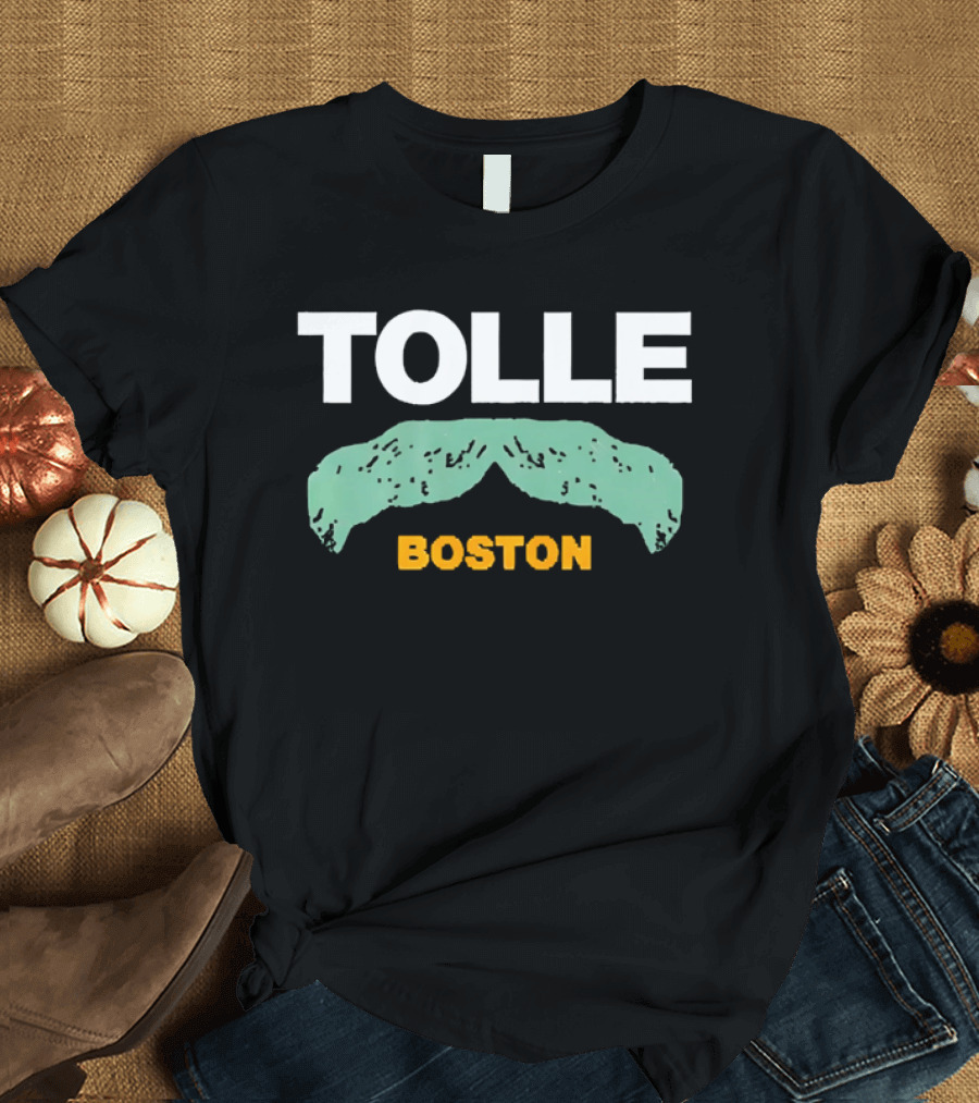 Tolle Boston White And Yellow Distressed Green Mustache T-Shirt