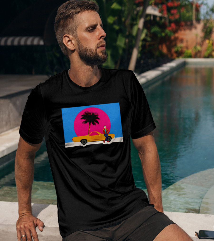 Yellow Car Palm Tree Retro Sunset Aesthetic T-Shirt