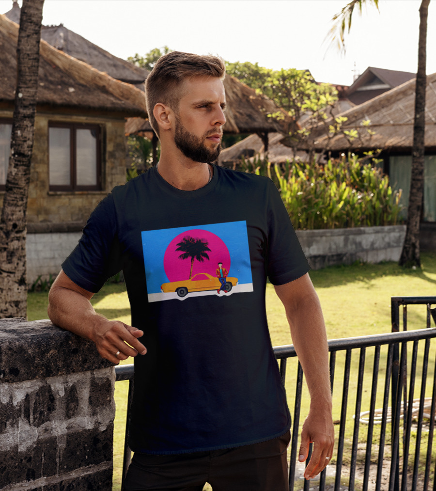 Yellow Car Palm Tree Retro Sunset Aesthetic T-Shirt