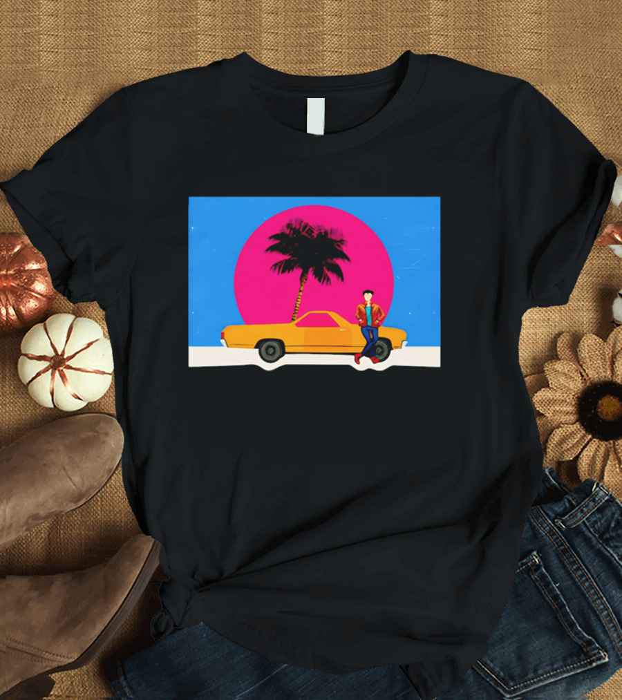 Yellow Car Palm Tree Retro Sunset Aesthetic T-Shirt