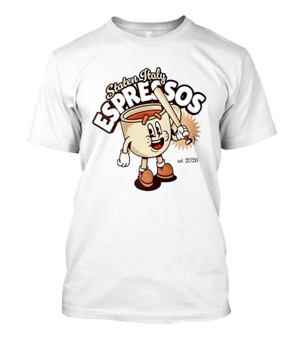 Staten Italy Espressos Est 2026 Cartoon Coffee Cup With Baseball Bat T-Shirt