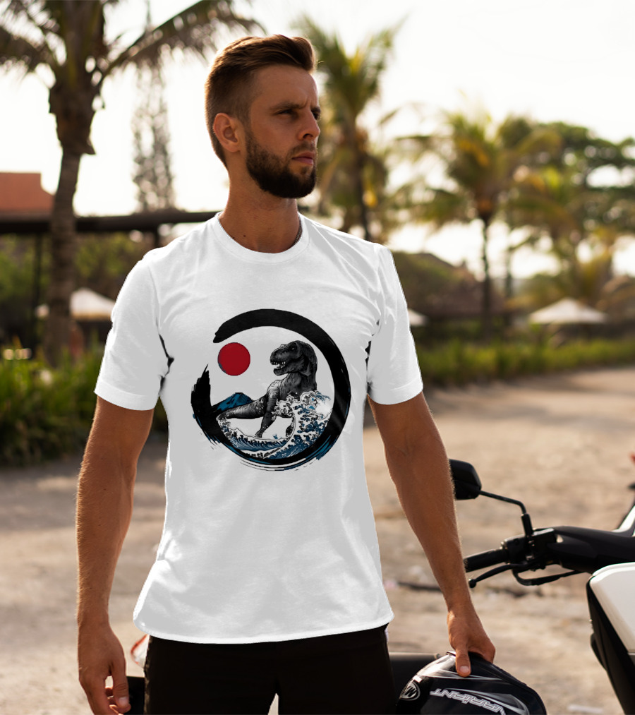 Tyrannosaurus Rex Riding Great Wave With Mount Fuji Enso And Red Sun T-Shirt