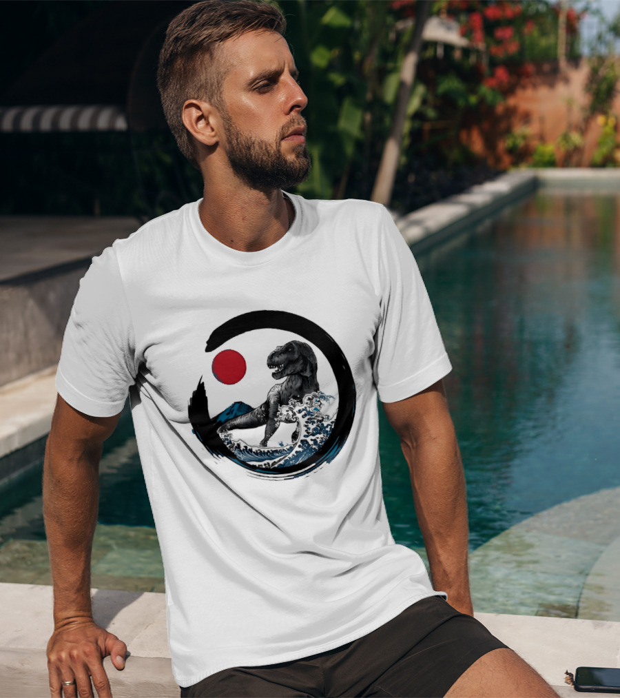 Tyrannosaurus Rex Riding Great Wave With Mount Fuji Enso And Red Sun T-Shirt