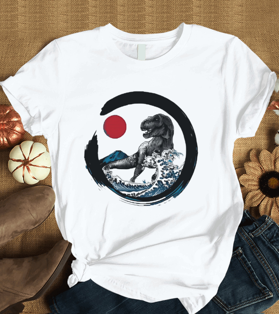 Tyrannosaurus Rex Riding Great Wave With Mount Fuji Enso And Red Sun T-Shirt