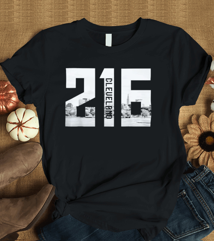 216 Cleveland Monochrome City Skyline Photo Cutout T-Shirt