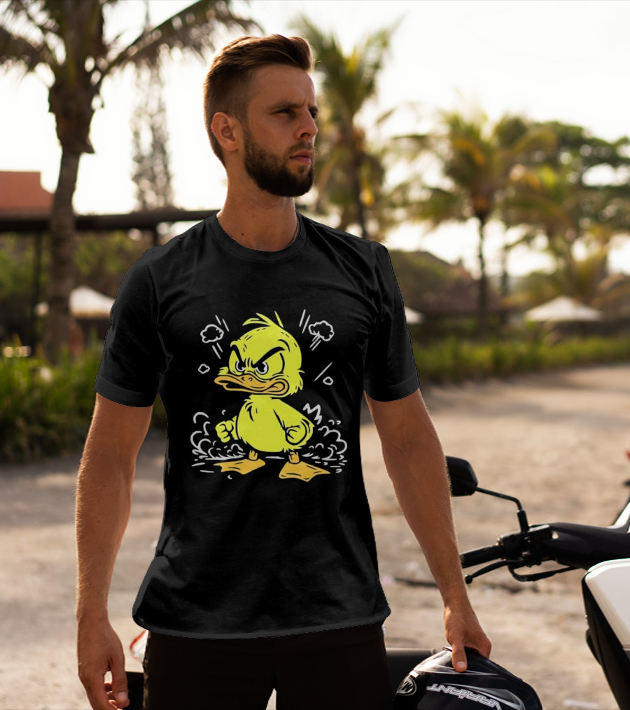 Angry Yellow Duckling Clenched Fists Smoke Clouds Cartoon Line T-Shirt
