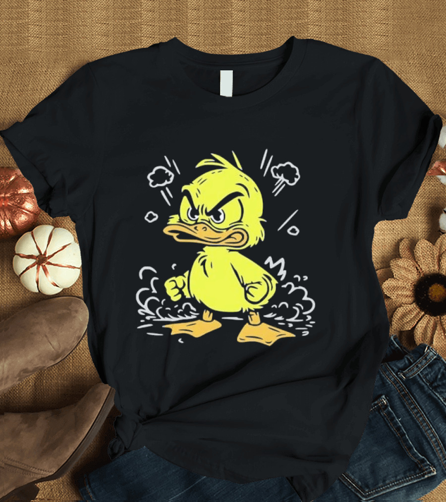 Angry Yellow Duckling Clenched Fists Smoke Clouds Cartoon Line T-Shirt
