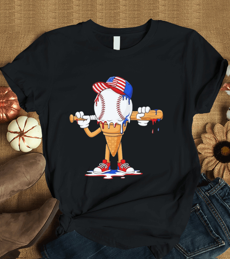 Patriotic Ice Cream Baseball Cone USA Flag Cap And Bat T-Shirt