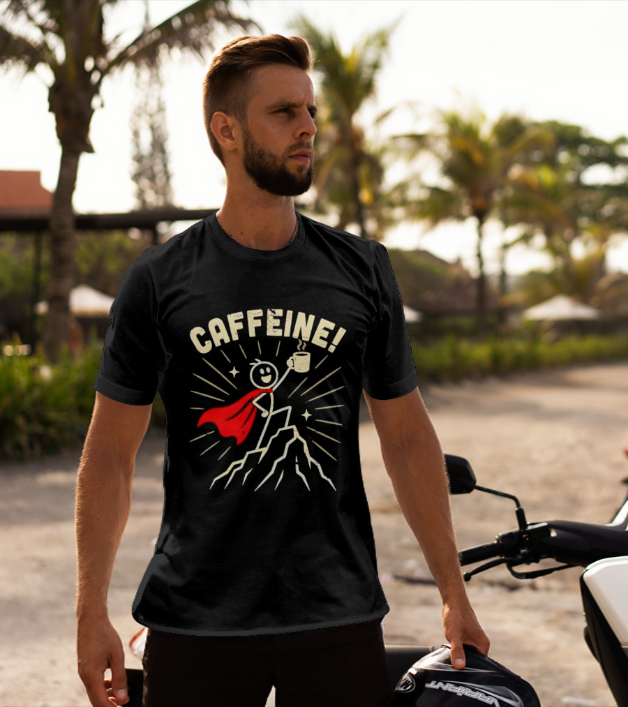 Caffeine Distressed Stick Figure Superhero Holding Coffee On Mountain Peak T-Shirt