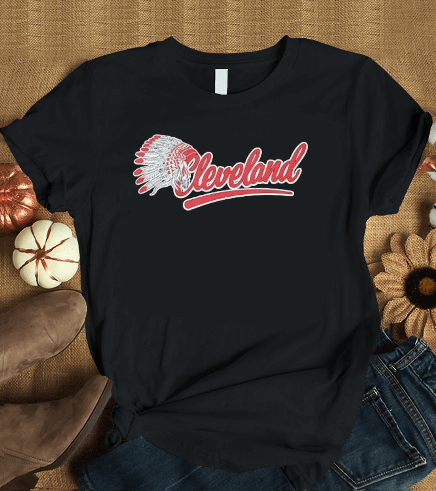 Cleveland Native American Feather Headdress Distressed Script T-Shirt