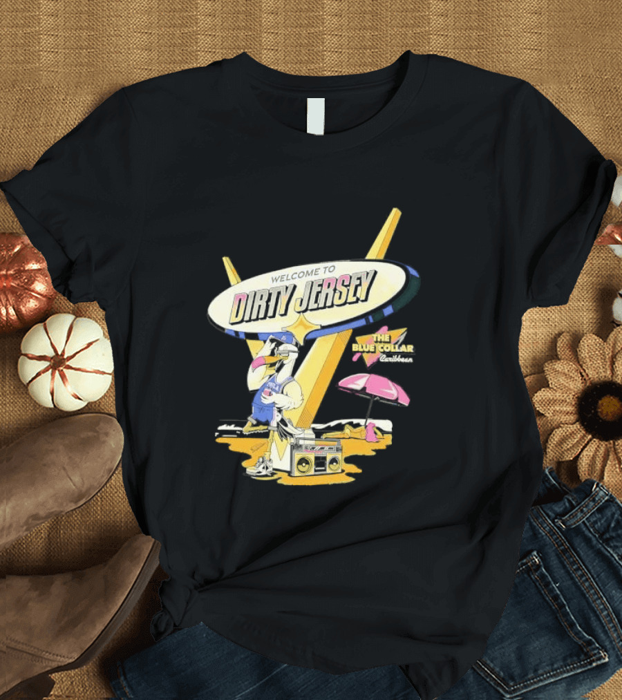 Philadelphia 76ers Welcome To Dirty Jersey Blue Collar Caribbean Cartoon Seagull Beach Boombox T-Shirt