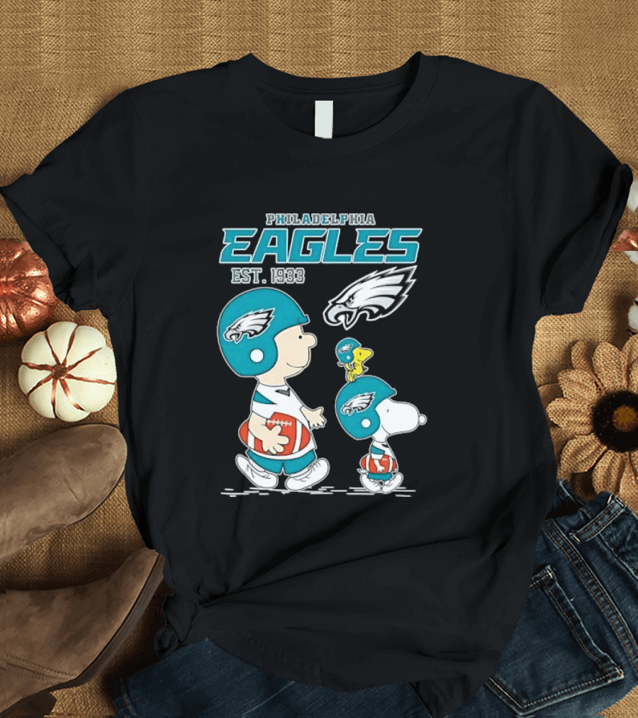 Philadelphia Eagles Est 1933 Cartoon Boy Dog Helmets Footballs T-Shirt